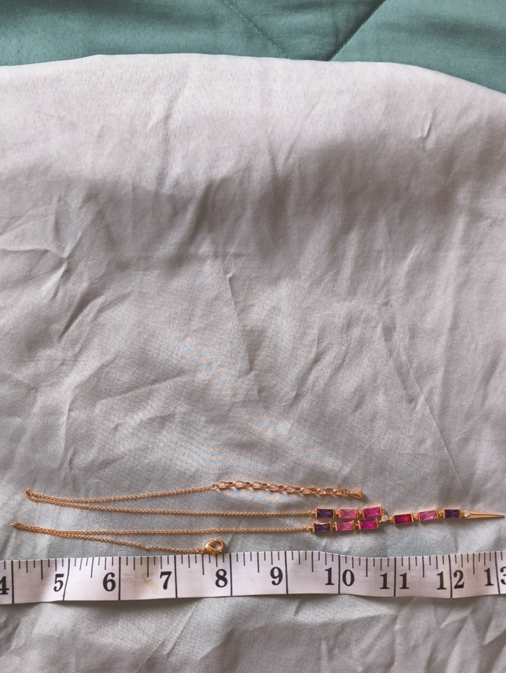 Gold Tone Pink & Purple Stone Drop Necklace